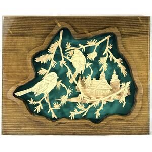 Layered Wood Shadow Box Wall Art Birds Cabin Teal Background 14x11”
